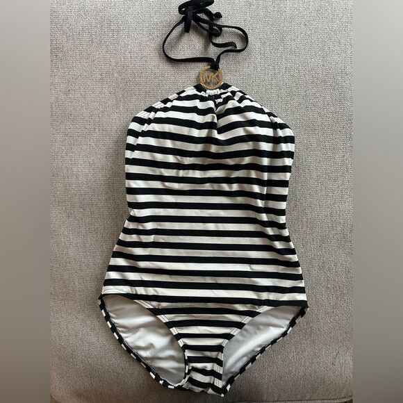 Michael Michael Kors Ring Halter Stripe Black White One Piece Swimsuit Size 6 - Picture 3 of 8